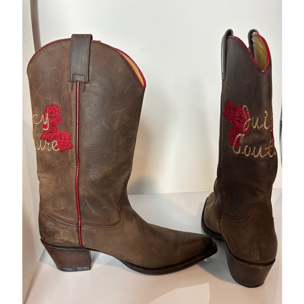 JUICY COUTURE VINTAGE RUSTIC BROWN AND RED WESTERN COWBOY LEATHER BOOTS.